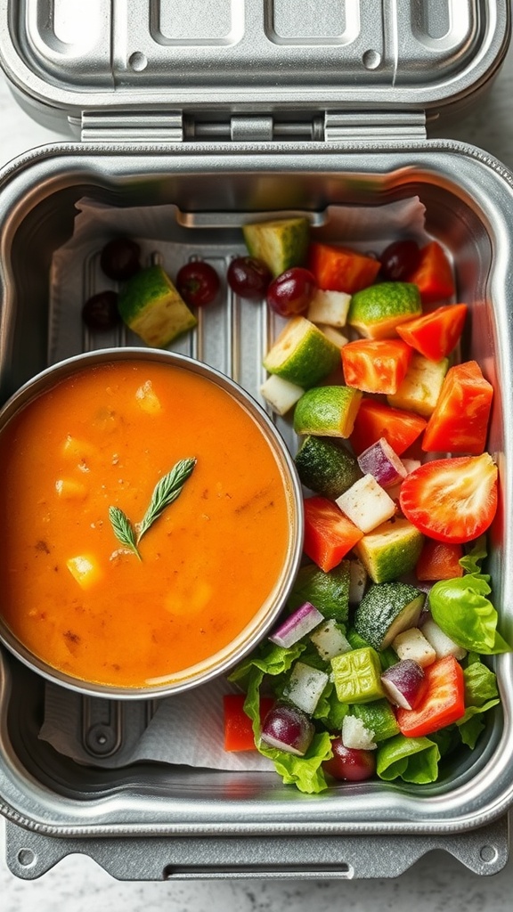 An insulated meal prep container with soup and mixed salad.