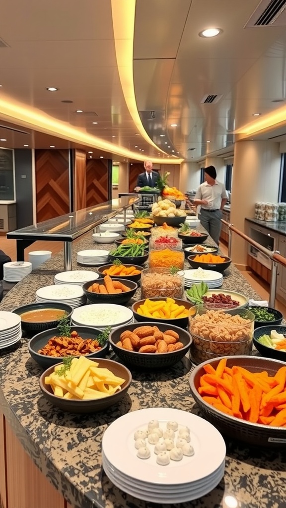 A cruise ship buffet with various food options including vegetables, meats, and cheeses.