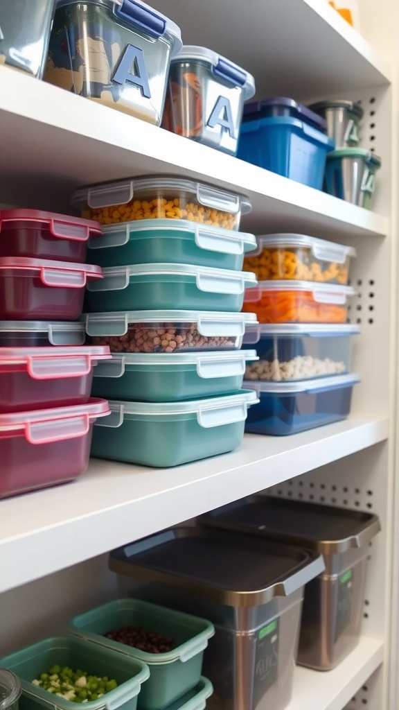 Colorful meal prep containers neatly organized on shelves, showcasing various sizes and styles.