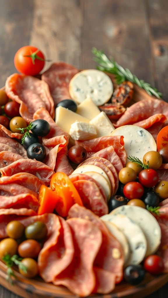 A vibrant Italian antipasto platter featuring various meats, cheeses, olives, and tomatoes.