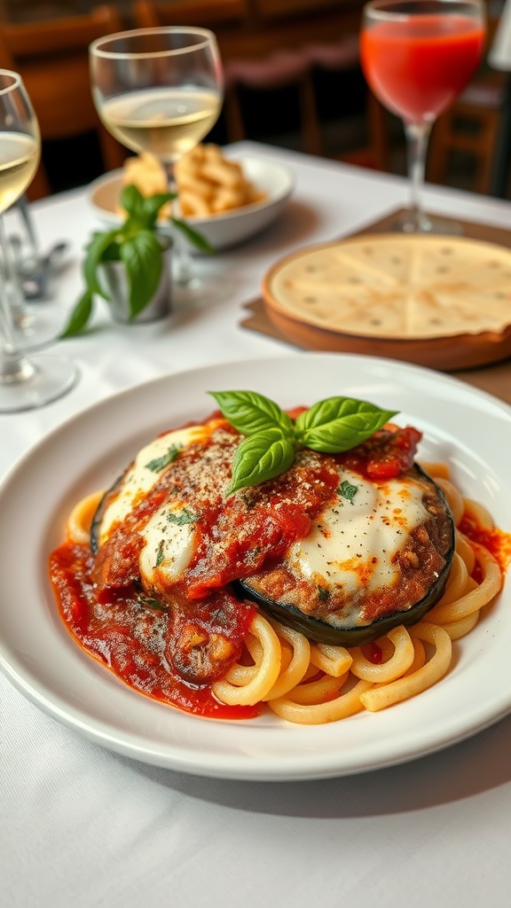 A delicious plate of Italian pasta with marinara sauce and cheese, accompanied by drinks and a side dish.