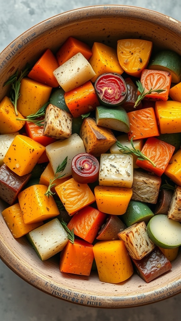 A bowl of colorful roasted vegetables, including squash, carrots, and herbs.