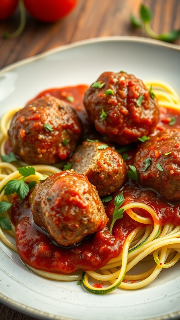 A plate of Italian meatballs served on zucchini noodles with tomato sauce and herbs.