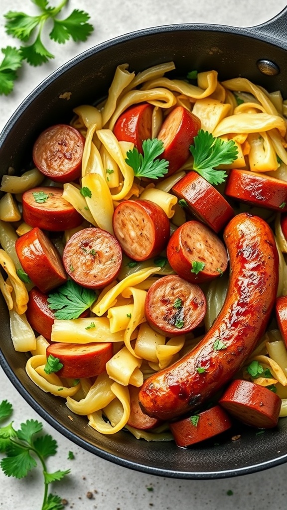 A skillet filled with sliced Italian sausage and cooked cabbage, garnished with cilantro.