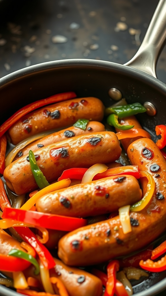 A close-up of cooked Italian sausages with colorful bell peppers in a pan.