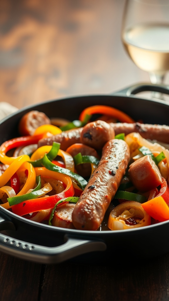 A skillet with Italian sausage and colorful bell peppers on a wooden table.