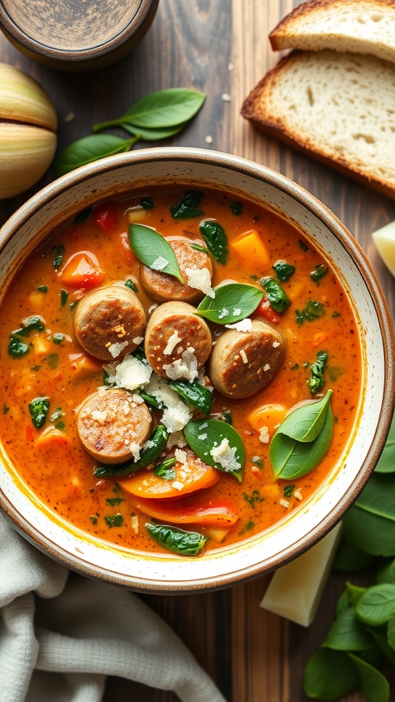 A bowl of Italian Sausage and Spinach Soup with sausage slices, spinach, and colorful vegetables, served with slices of bread.