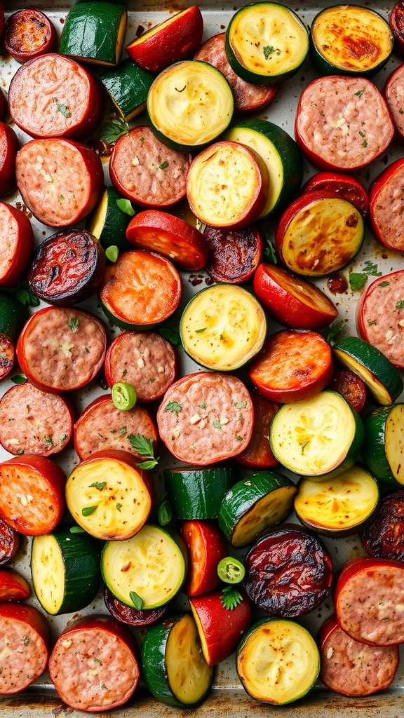 A colorful array of sliced Italian sausage and zucchini on a sheet pan