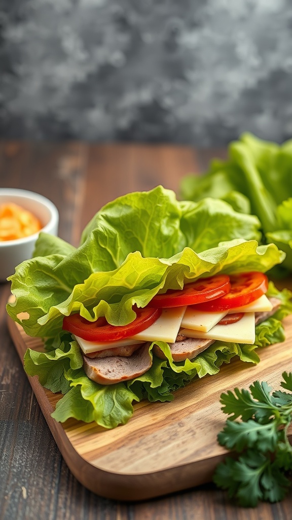 A delicious Italian sub wrapped in lettuce, featuring layers of meat, cheese, and tomatoes.