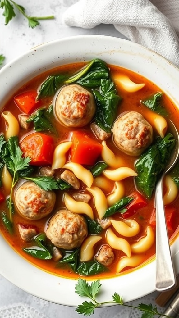 Bowl of Italian Wedding Soup with meatballs, spinach, and noodles