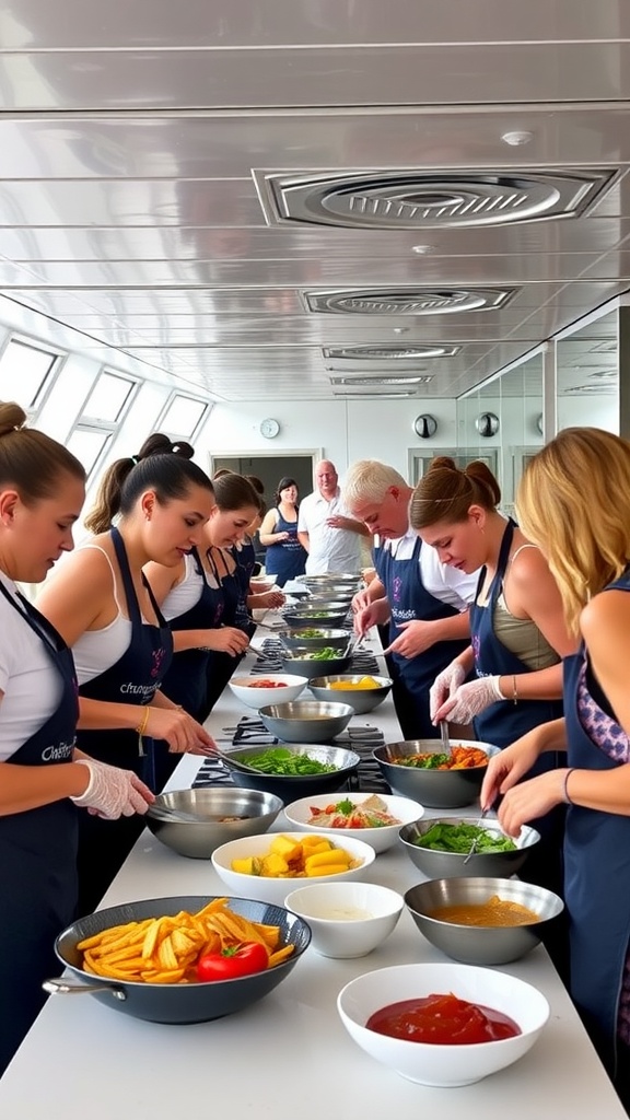 Group of people participating in a cooking class on a cruise ship, focused on preparing meals.