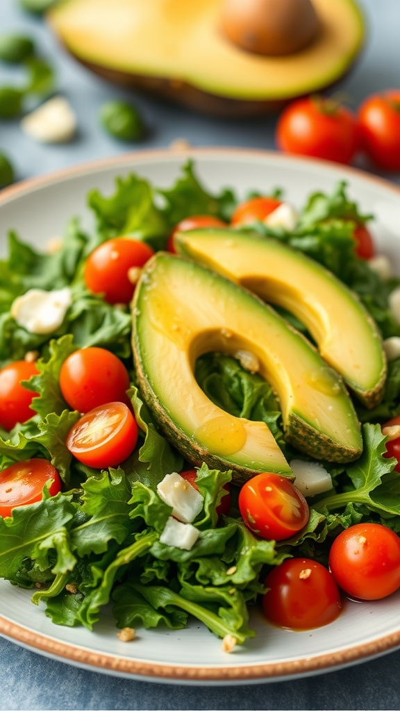 A colorful bowl of kale salad with avocado and cherry tomatoes.