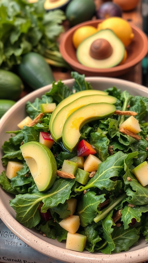 A vibrant kale salad topped with avocado slices and mixed with colorful veggies.