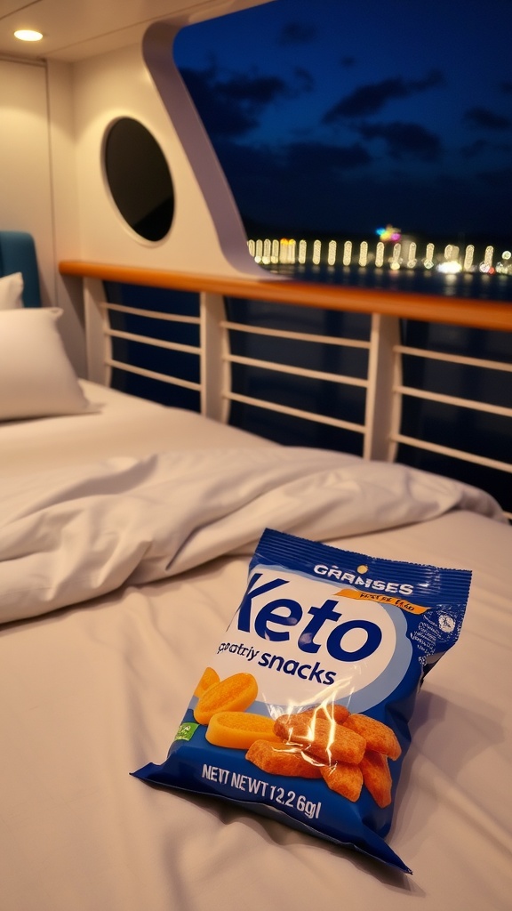 A bag of keto snacks placed on a bed in a cruise ship cabin at night.