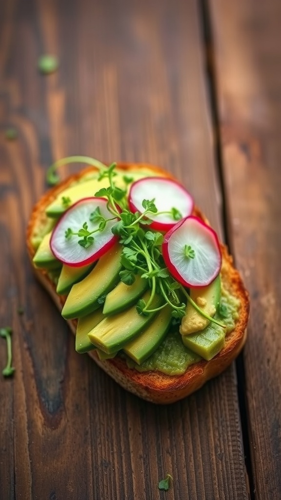 Keto avocado toast topped with radish slices and microgreens on wooden table