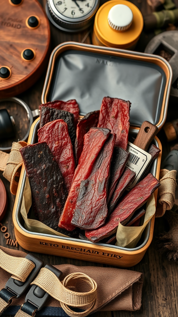 A container filled with keto-friendly beef jerky surrounded by camping gear.