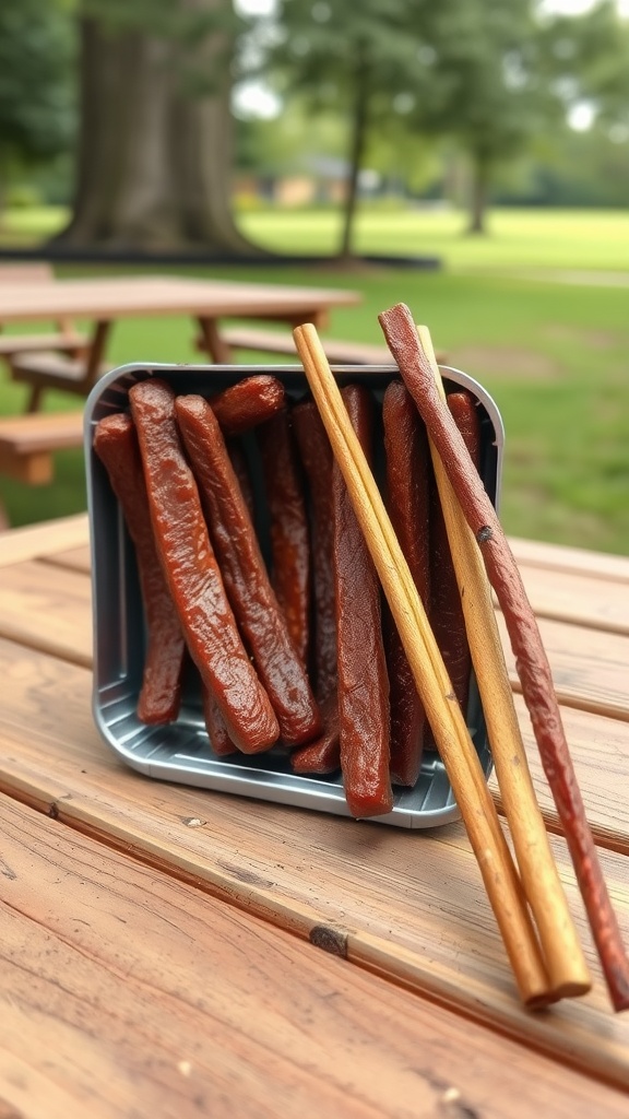 A container of beef sticks on a wooden table with a natural background.