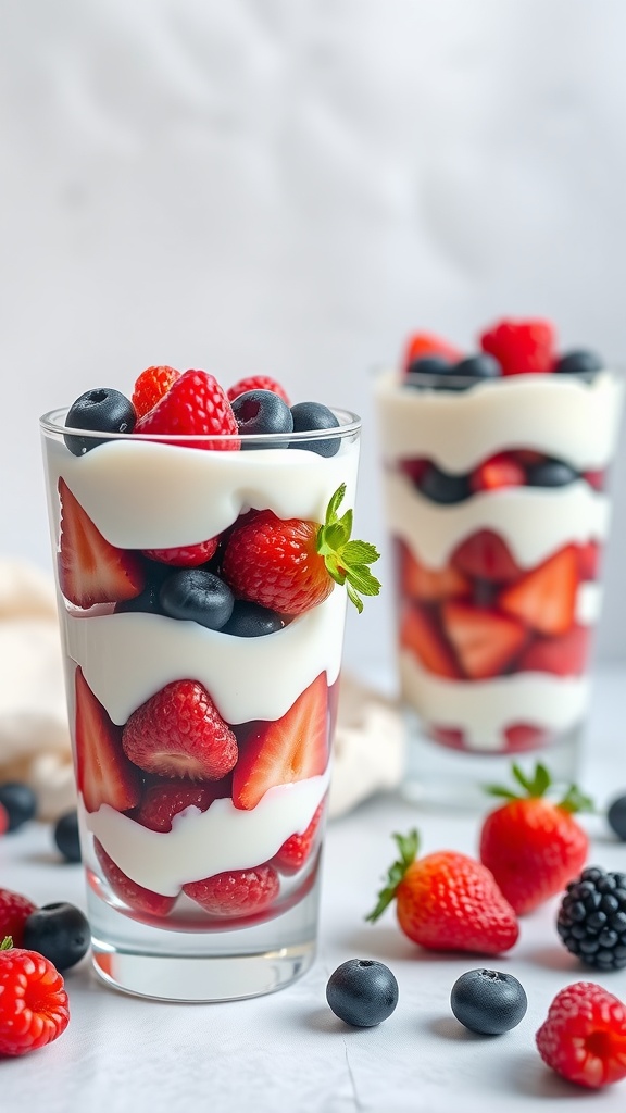 Keto-friendly berry parfaits with layers of yogurt and mixed berries in glasses