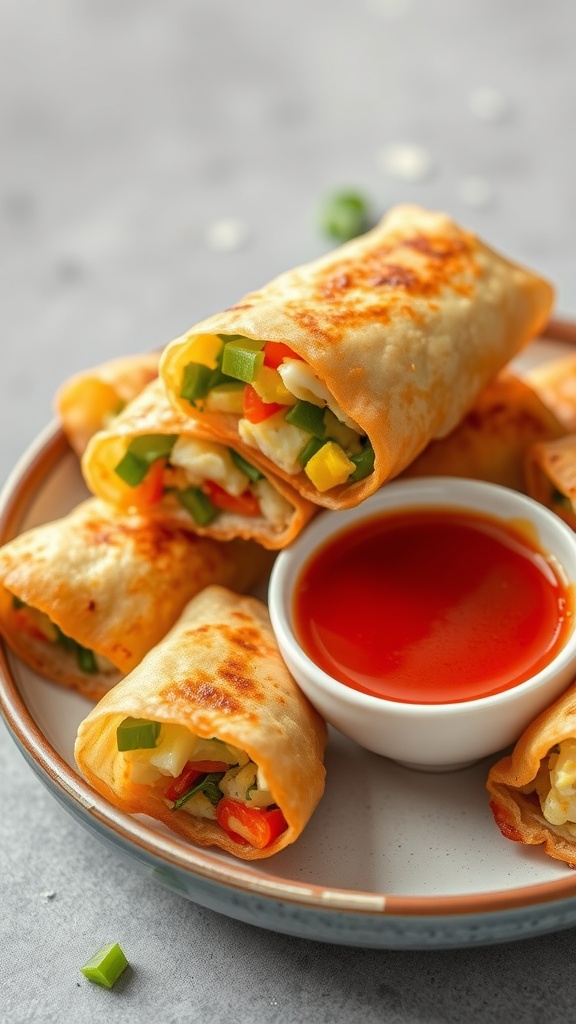 Plate of keto-friendly breakfast egg rolls with dipping sauce