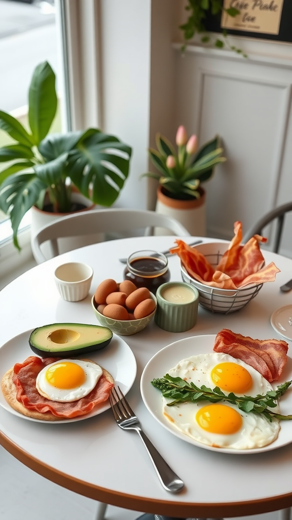 A delicious keto breakfast plate with eggs, bacon, and avocados, accompanied by a cup of coffee.