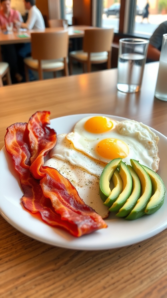 Plate of bacon, eggs, and avocado