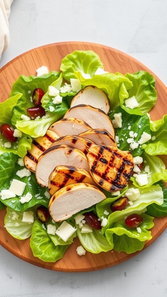 A Keto-friendly Caesar salad with grilled chicken, lettuce, and cheese on a wooden plate.