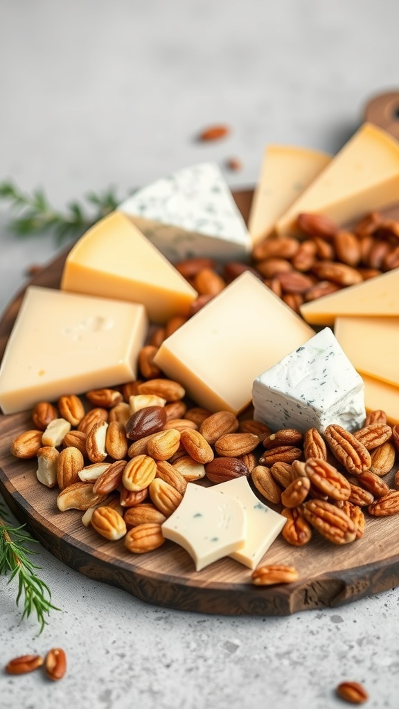 A beautifully arranged cheese platter with various cheeses and nuts.