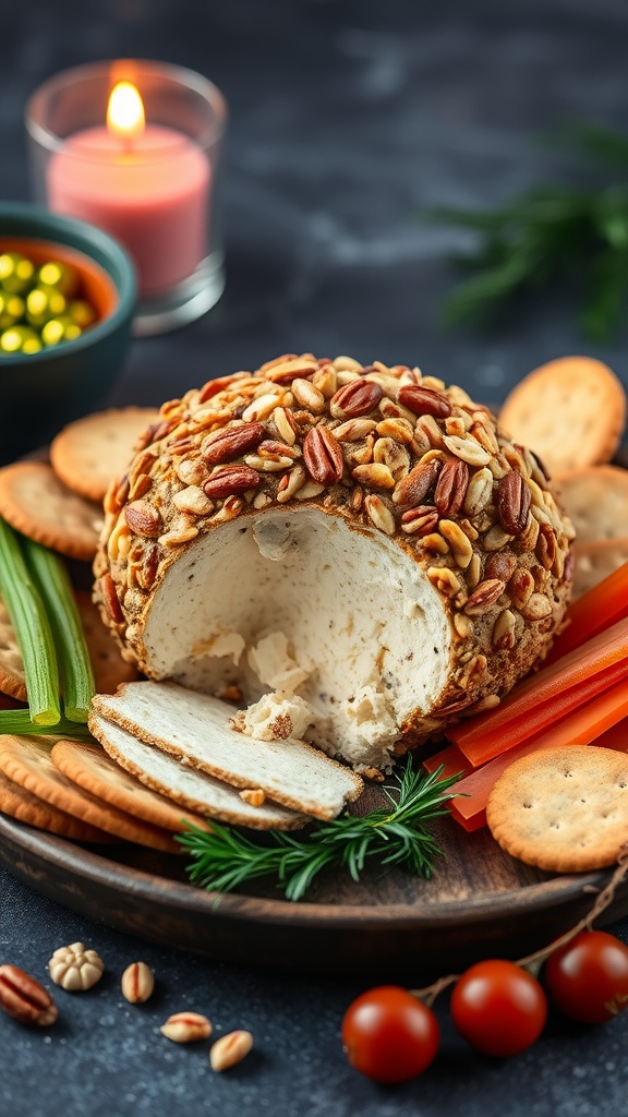 A delicious keto-friendly cheeseball made with nuts, surrounded by crackers, celery, and cherry tomatoes.