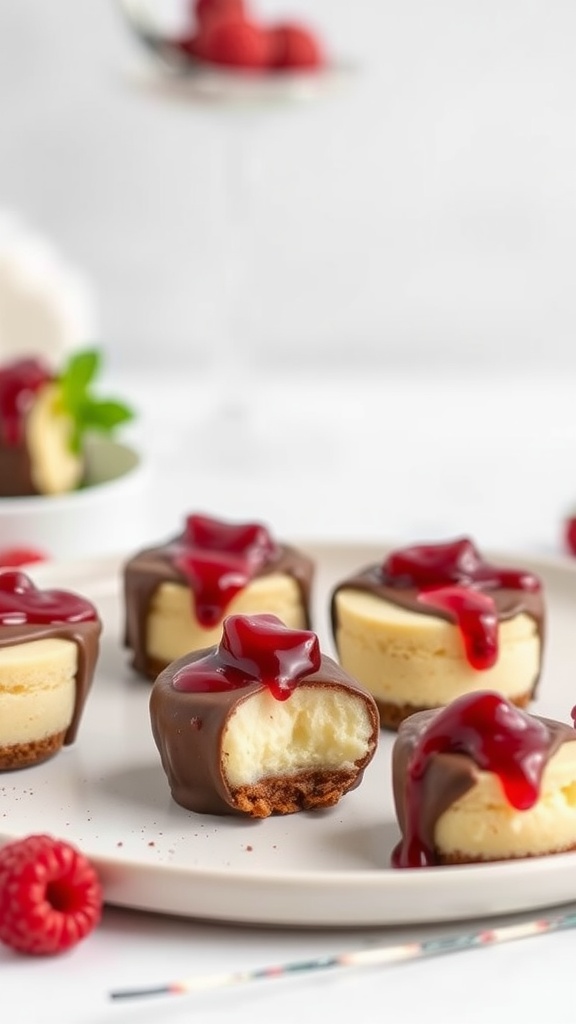 Plate of keto-friendly cheesecake bites topped with raspberry sauce