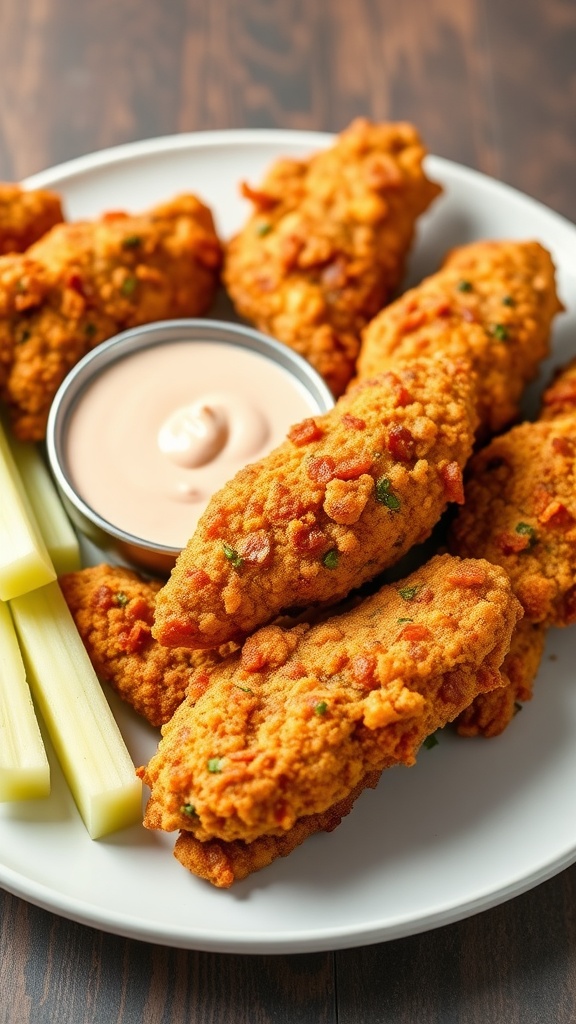 Plate of keto-friendly chicken tenders with celery and dipping sauce.