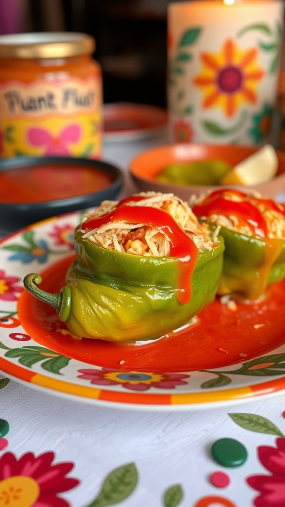 Keto-Friendly Chiles Rellenos on a colorful plate with sauce.