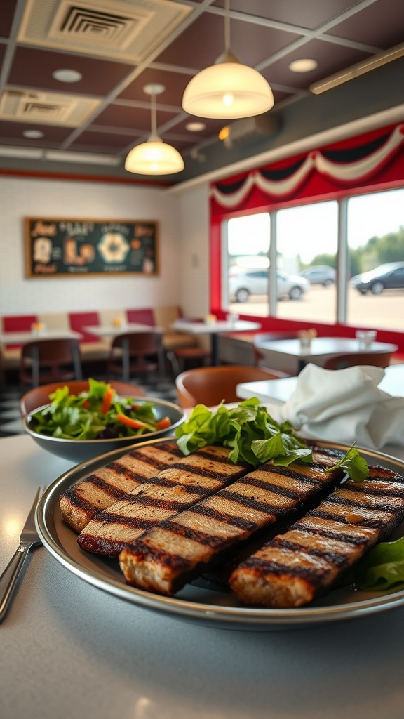 A plate of grilled meat with salad in an American diner setting.