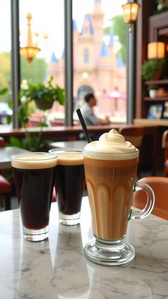 A selection of Starbucks coffee drinks with various layers of cream and coffee, set in a Disney-themed cafe.