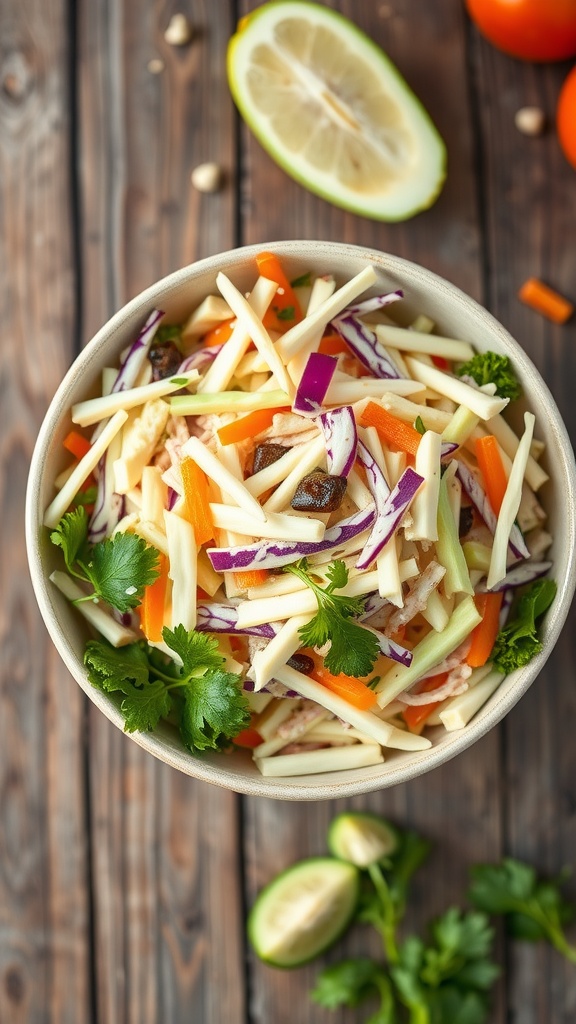 A bowl of keto-friendly coleslaw with cabbage, carrots, and herbs.