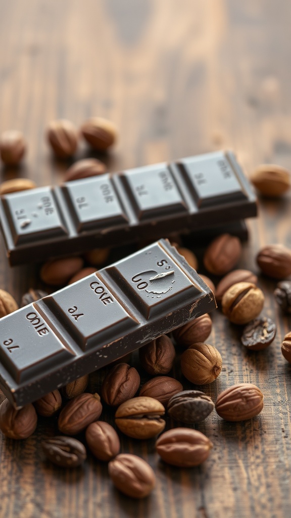 A bar of dark chocolate surrounded by coffee beans on a wooden surface.