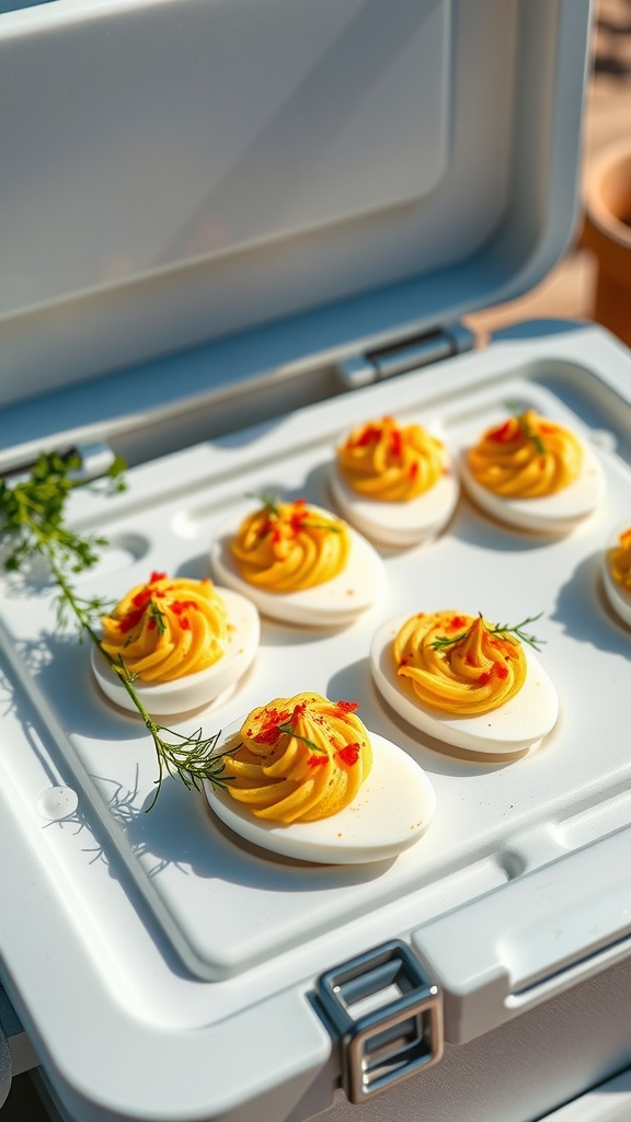 A close-up of keto-friendly deviled eggs in a cooler