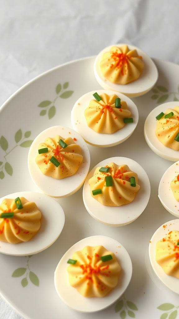 A plate of beautifully decorated keto-friendly deviled eggs topped with chives and paprika.