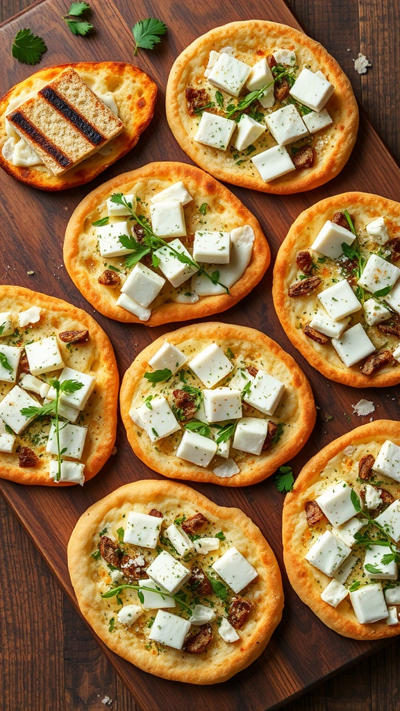 A variety of keto-friendly flatbreads topped with cheese and herbs on a wooden platter.