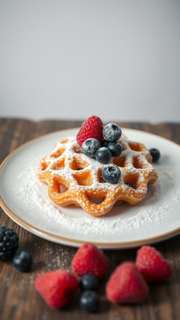 A keto-friendly funnel cake topped with raspberries and blueberries on a white plate.