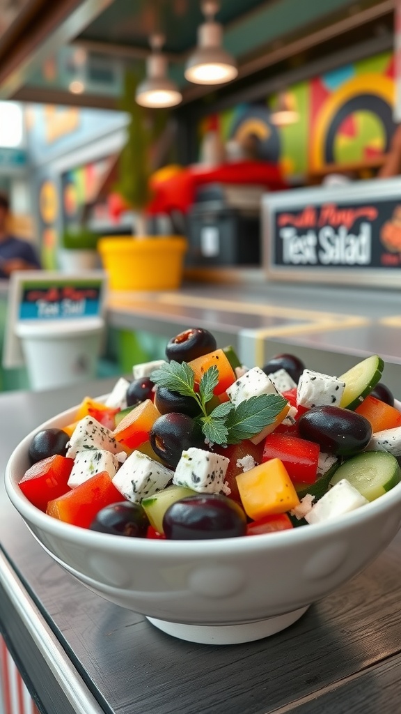 A colorful bowl of Greek salad with cucumbers, tomatoes, olives, and feta cheese.