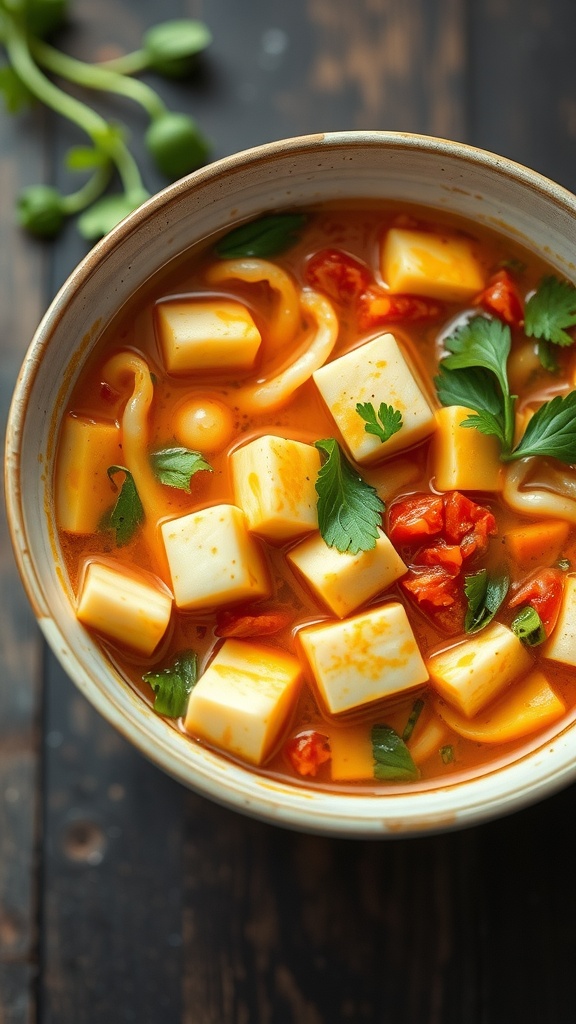 A bowl of hot and sour soup featuring tofu cubes, herbs, and a rich, spicy broth.
