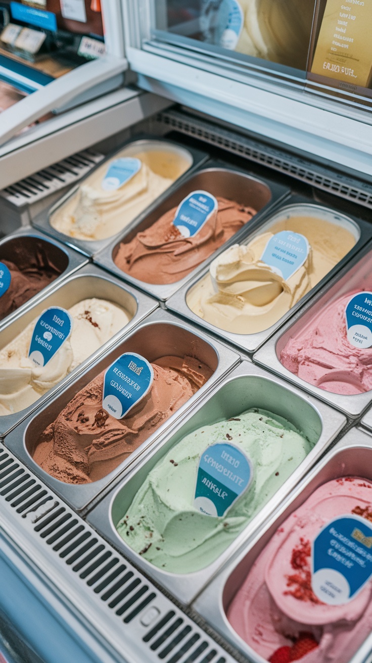 Various tubs of keto-friendly ice cream displayed in a convenience store freezer.