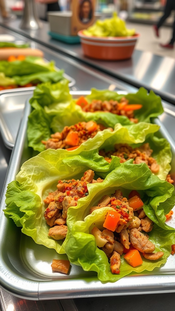 A serving of lettuce wraps filled with chicken and colorful veggies.