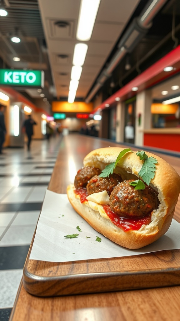 A delicious keto-friendly meatball sub on a wooden platter, placed in a food court