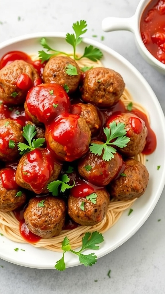 A plate of meatballs topped with sauce and garnished with cilantro.