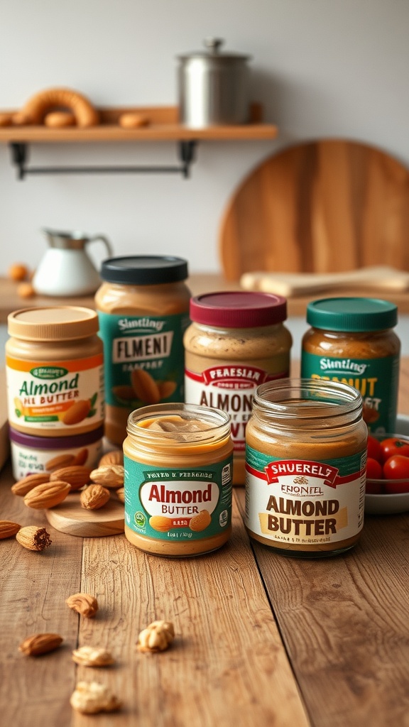 Various jars of nut butters including almond and peanut butter on a wooden table.