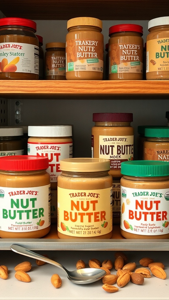 A variety of nut butter jars on a wooden shelf at Trader Joe's.