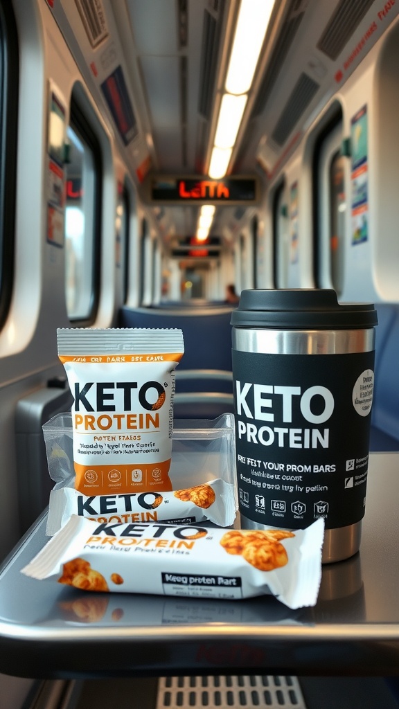 A selection of keto-friendly protein bars on a train table with a coffee cup.