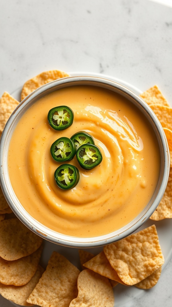 A bowl of creamy queso dip with jalapeño slices, surrounded by tortilla chips.