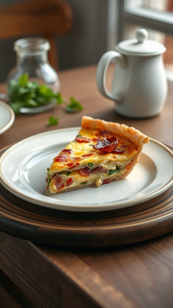 A slice of Keto-Friendly Quiche Lorraine on a plate, with bacon and green vegetables.